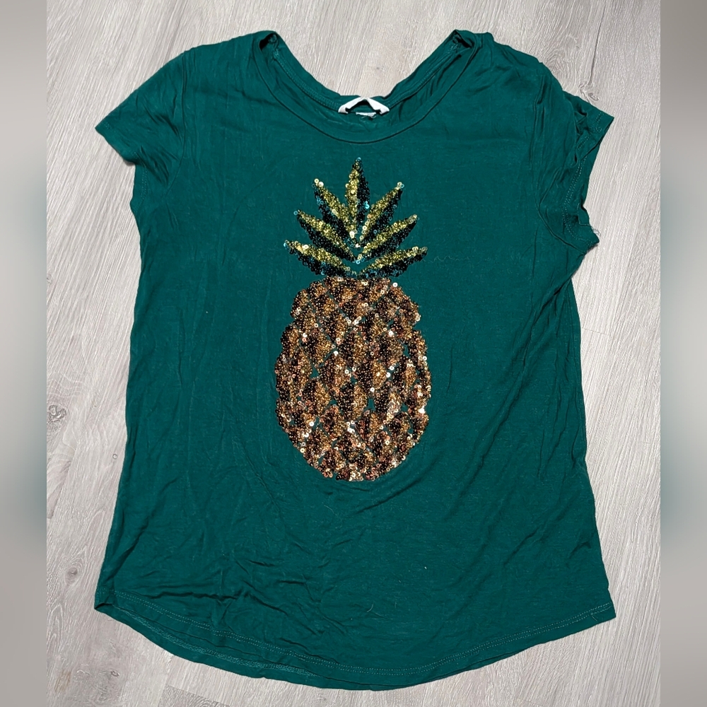 Sequin Pineapple Tee, DarkTeal Green Women's Top , Large